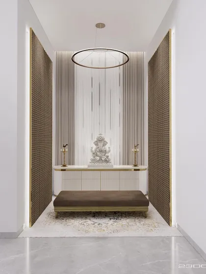A dedicated prayer room, or mandir, designed as a tranquil and spiritual sanctuary within the Meraki home. The space uses soft lighting, textured walls, and a central Ganesha idol to create an atmosphere of peace and devotion.