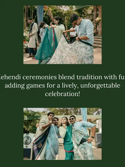 A graphic illustrating how games and fun activities are blended with tradition at our Mehendi ceremonies.
