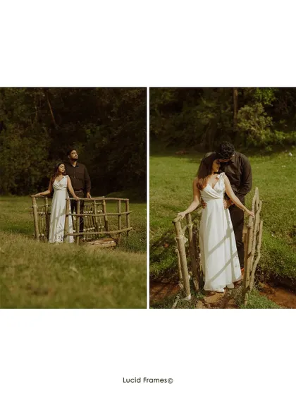 A diptych showing the couple interacting on a small bridge, capturing both a wide shot and an intimate moment.
