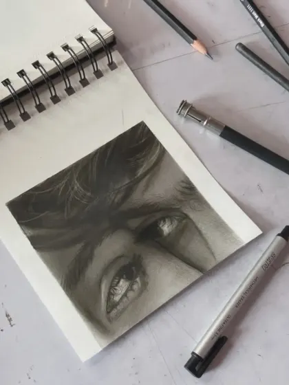 A different view of the "Couple eyes" sketch, showing the texture of the paper and the rich, dark tones of the charcoal. This piece is perfect for anyone who appreciates romantic and expressive art.