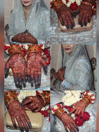 A beautiful collage from a bride's Nikkah day, featuring her personalized mehendi with the couple's initials 'C' and 'S' clearly visible.