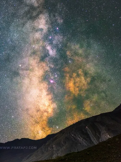 A close-up of the Milky Way's core, captured with a Canon R6 and a 50mm lens in Suru Valley, Ladakh. The countless stars and gas clouds evoke a sense of wonder about the vastness of the universe.