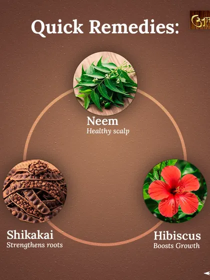 Here are some quick remedies for hair care. Neem helps maintain a healthy scalp, Shikakai strengthens roots, and Hibiscus is known to boost hair growth naturally.