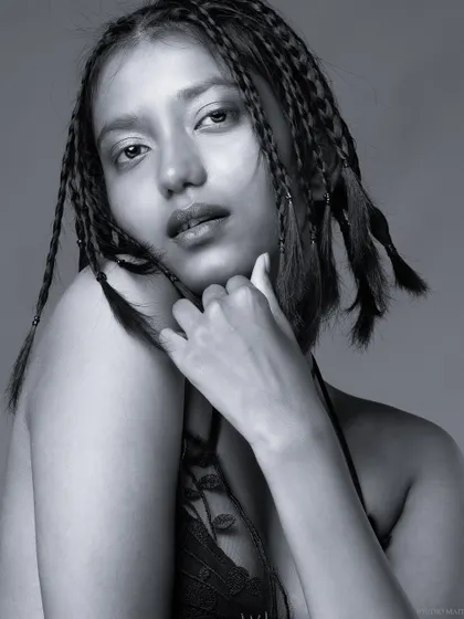 A soft and gentle black and white portrait.
