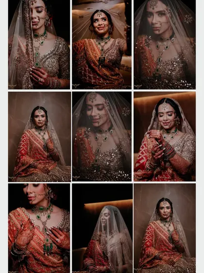 This nine-grid collage showcases the versatility of a single bridal look. We captured a range of expressions and poses, from joyful smiles to serene, introspective moments, all under dramatic lighting.
