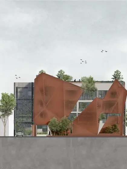 This elevation drawing for our office building project in Chennai emphasizes the key concept of a "mountain facade." Created with a mix of CAD, illustration, and rendering, it communicates the project's materiality, narrative, and scale.