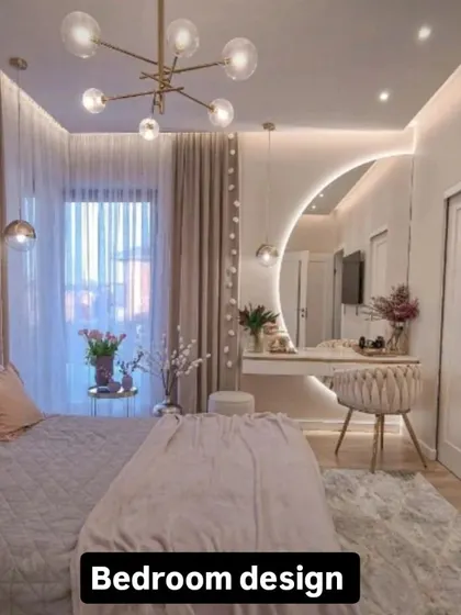 A luxurious bedroom design concept with a large, uniquely shaped mirror, a stylish dressing table, and elegant pendant lights.