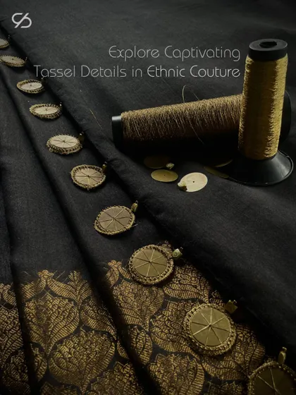 Tassels are the fringe benefit of fashion. This image showcases the creation of custom tassels and borders for a black saree, highlighting my attention to detail.