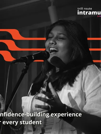 A singer expresses herself freely at the microphone. We aim to provide a confidence-building experience that empowers every student.