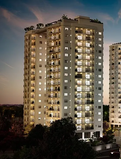 The Machani Svasa Apartments at dusk. This project reimagines high-rise living by incorporating green balconies and community spaces, reflecting old Bangalore's charm in a modern urban context.