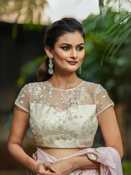 This blouse features a sheer yoke and cap sleeves with intricate embroidery, offering a delicate and feminine look.