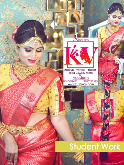 This student mastered the art of creating a cohesive look, matching the makeup perfectly with the bride's red and gold saree. You can also see the traditional bridal braid hairstyle she created.