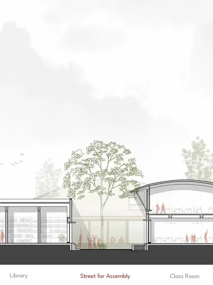 These architectural sections of Sparkrill International School illustrate how we designed shaded, street-like outdoor spaces. These areas inspire children to play and learn outdoors, with the scale and shadows of the buildings creating comfortable zones for recreation and work.
