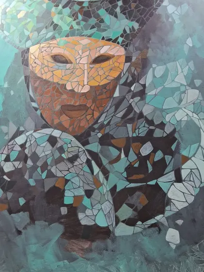 A mysterious masked figure created in Roudaina's signature mosaic style.