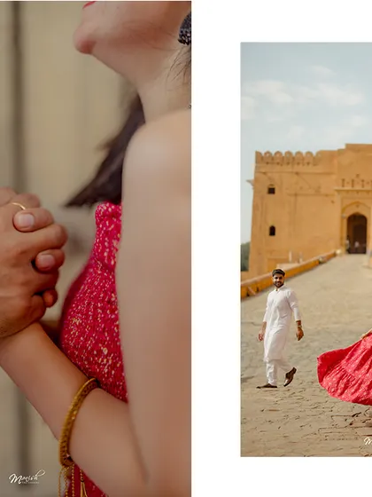 A collage capturing the vibrant colors and royal architecture of Jaipur during Kartik and Surbhi's pre-wedding shoot at Amer Fort.