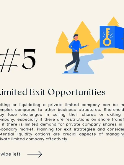 **Fact #5: Limited Exit Opportunities in a Private Limited Company.** Exiting or liquidating a private limited company can be complex due to restrictions on share transfers. Effective exit strategy planning is crucial for shareholders.