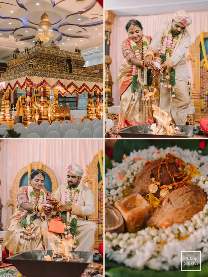 A collage showcasing the key rituals of a South Indian wedding, from the sacred fire (homa) to the grand mandap setup. This gives a comprehensive view of the ceremony's traditions.