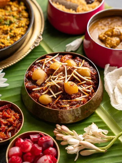 A close-up of Mutton Salli Boti from the Gallops menu. The intricate details of the gravy, garnishes, and traditional serveware are captured to showcase the dish's rich heritage.