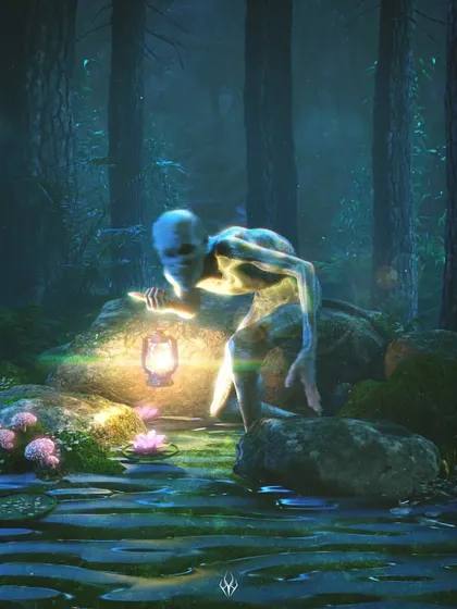 This creature, the "Hunchback," was designed for a swamp environment. I used a glowing lantern as a key light source to create an eerie, mystical atmosphere and focused on its gaunt, alien-like posture.
