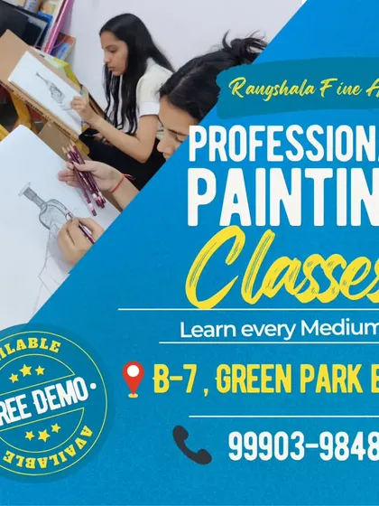 Join our professional painting classes! This graphic gives you a peek into our studio in Green Park Extension and invites you for a free demo class to experience our teaching style firsthand.
