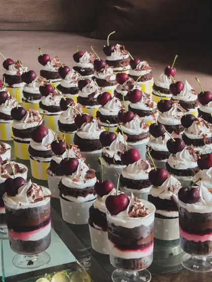 I also offer my Black Forest flavor in dessert cups. These have all the same delicious layers of the cupcakes but in a convenient, ready-to-eat format.