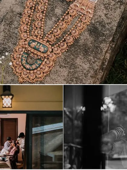 A collection of atmospheric detail shots, including the bride's statement necklace and candid moments of her getting ready, seen through a window.