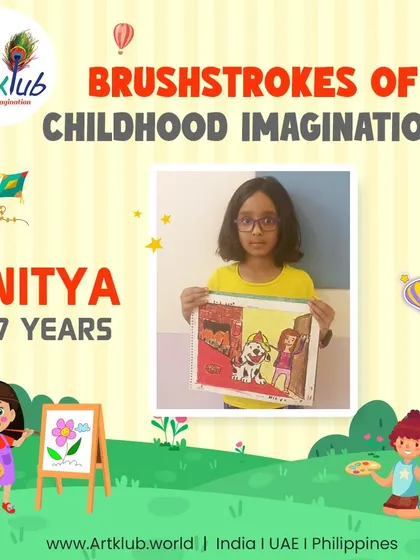 Seven-year-old Nitya uses brushstrokes of childhood imagination to create this sweet scene of a girl and her dog.