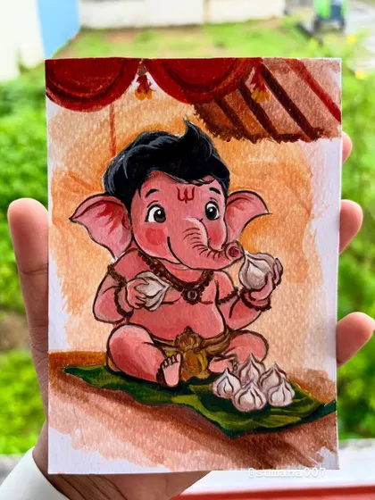 A sweet and playful depiction of baby Ganesha enjoying his favorite modaks. This is part of a small series I created to celebrate the joy of Ganesha Chaturthi.