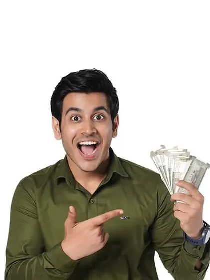 An expressive shot for a financial services ad campaign. The image is designed to convey excitement and success, with a clean white background for easy use in graphic layouts.