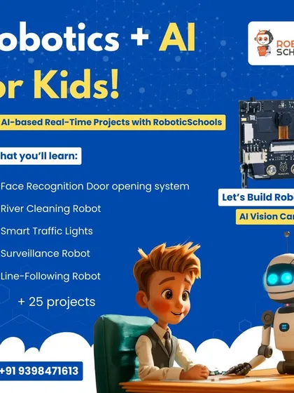 Our Robotics and AI course teaches kids to build real-time AI projects. Students learn to create face recognition systems, AI river cleaning robots, and smart traffic lights using an AI vision camera.