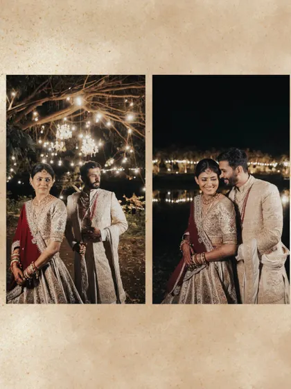 A diptych showing two sides of a couple's love story: a posed, stylish portrait under fairy lights and a sweet, candid moment of laughter. This showcases our ability to capture both composed and spontaneous interactions.