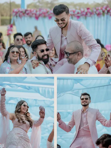 A collage of happy moments, showing the couple dancing and celebrating with their family.