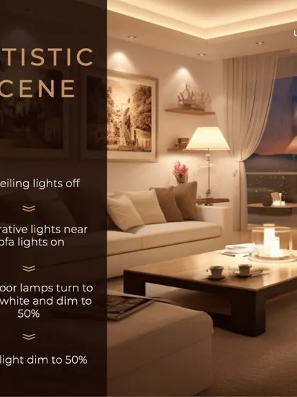 Set an artistic scene for a relaxing evening. This custom mood dims ceiling and cove lights while activating decorative lamps near the sofa, creating a warm and sophisticated ambiance.