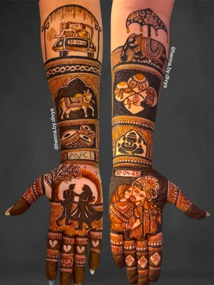 This narrative mehendi captures the entire wedding journey. It includes a couple dancing, a portrait, a car for the vidaai, a baraat elephant, and auspicious symbols like Ganesha and dhol.