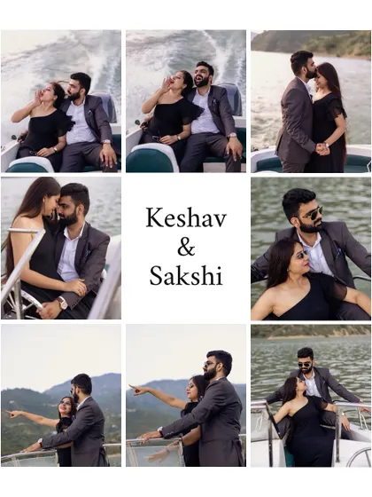 A collage of fun and stylish moments from a speedboat shoot on Tehri Lake, showing a variety of poses and interactions.