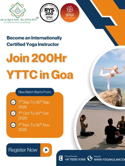 This poster for our 200-hour YTTC in Goa features students practicing by the sea, capturing the essence of our beachside yoga experience.