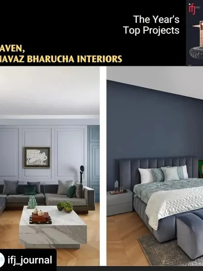 On the left, you see a living area from 'The Haven' with classic wall molding painted in a soft blue-grey, giving it a Parisian feel. On the right is a serene bedroom from the same project, showing how we carry a calm, sophisticated aesthetic throughout the home.