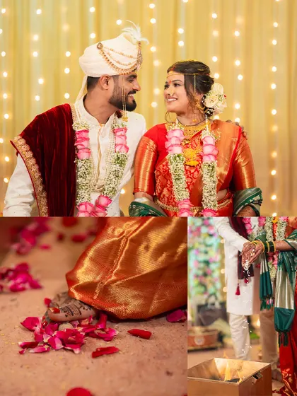 A collage showing the bride stepping on a grinding stone and other important rituals, capturing the symbolic moments of a traditional Indian wedding.