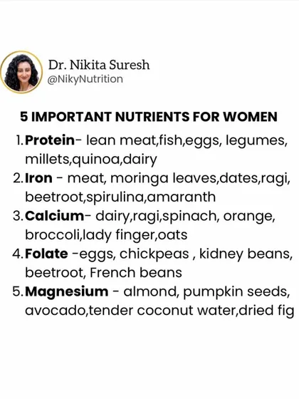 These are 5 of the most important nutrients for women: Protein, Iron, Calcium, Folate, and Magnesium. Ensuring you get enough of these is crucial for energy, bone health, and overall well-being.