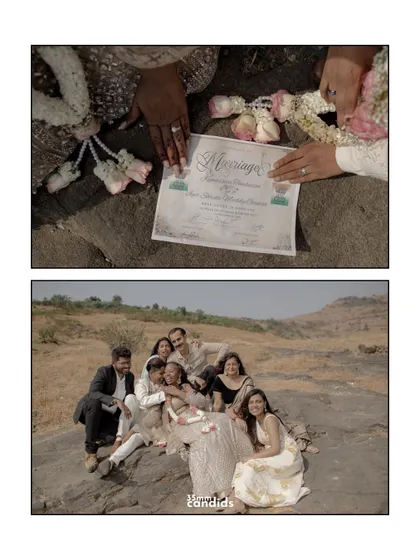 A collage showing their marriage certificate and a group photo with their closest friends. It highlights the official and emotional pillars of their union, celebrated with the people who stood by them.