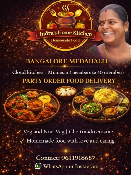 Our kitchen's promotional poster lists vegetarian and non-vegetarian party food, with the home-food menu and contact information.