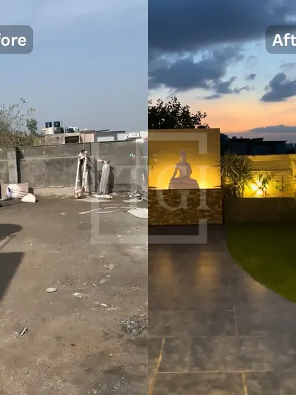 Another angle of a dramatic transformation, showing how an unused space with water tanks and debris became an elegant evening retreat with a beautifully lit Buddha feature wall.
