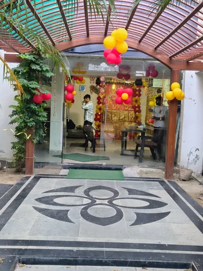 The entrance of a building decorated for a religious event (Mata ki Chowki), showing how I can decorate different types of venues.