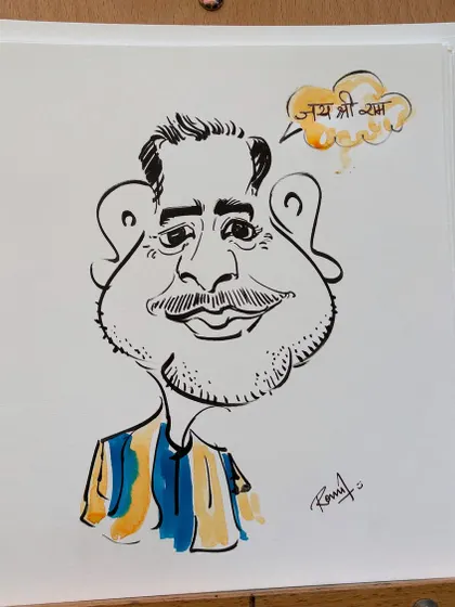 A close-up of a caricature with a "Jai Shri Ram" thought bubble, adding a personal touch for the guest.