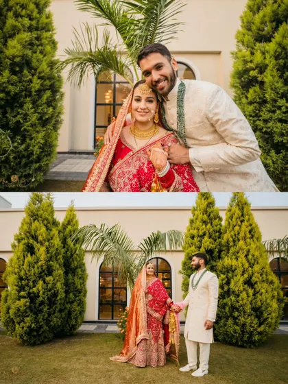 A happy portrait of the newly married couple. Their joyful smiles and the beautiful green backdrop make this a perfect wedding day memory.