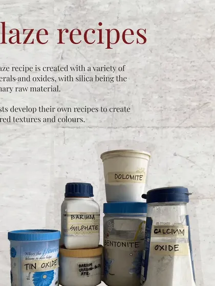 Glaze recipes are created with a variety of minerals and oxides. In my advanced courses, artists learn to develop their own recipes to create unique colors and textures.