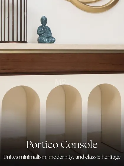 A close-up of the Portico console's architectural base. The series of clean, repeating arches pays homage to classical history while feeling completely modern and minimalist.