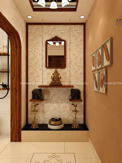 A serene pooja corner designed with traditional elements. The space features a wooden mandir, brass lamps, and decorative elephants, creating a peaceful spot for prayer and reflection.