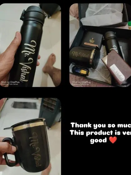 'This product is very good' - a happy customer shares photos of their new personalized bottle and mug. Thank you for your trust.