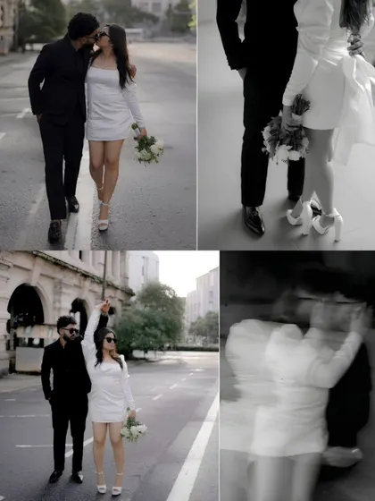 This set of four images highlights their playful and romantic interactions. From a celebratory pose in the middle of the street to a motion-blurred dance, it captures the dynamic energy of their relationship against the city backdrop.